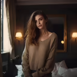 woman wearing sweater posing near window in hotel room