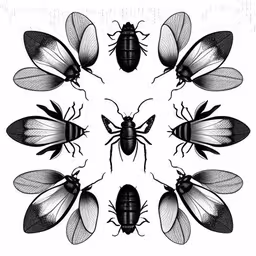 four flies, each with different patterns and colors,a set of six insects in a circle