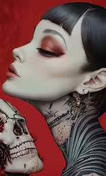 a gothic woman with makeup and skull on her head