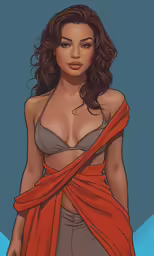 the illustrated painting of a woman wearing an orange shawl