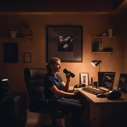 the girl is working at her computer desk