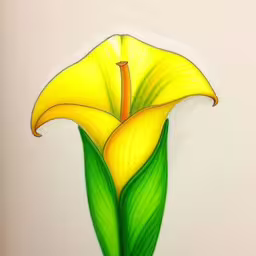 a yellow flower with green leaves in a vase,the drawing shows a yellow flower with green leaves,this painting depicts a yellow flower with green leaves,a yellow flower that is hanging on a wall,yellow flower with green leaf shaped petals with stem