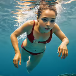 a woman in a bikini swimming under water