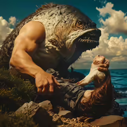 a man poses next to an iguard on the rocks with his dog