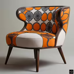 an orange and white chair with brown legs