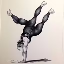 a drawing of a young man doing a handstand,an ink drawing depicting a man performing a handstand