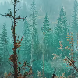 trees and branches with fog on a cloudy day