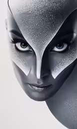 a woman in an futuristic pose that is holding her nose to the camera