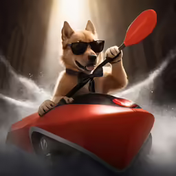 a dog in sunglasses, a bow tie and sunglasses, is on a kayak in the fog