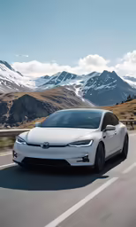 a white model y is traveling down a street
