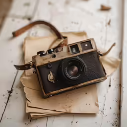 a brown camera sitting on top of a piece of paper