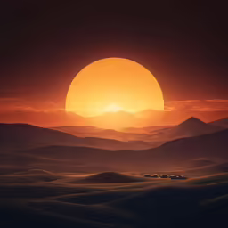 the sun setting over a mountain range with cars on it