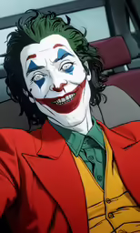 the animated joker wearing a red suit and yellow shirt,