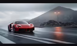 a red sports car driving through a rain covered road