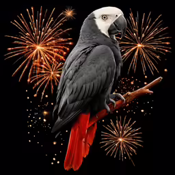 a bird is sitting on a perch with fireworks