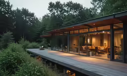 a modern home sitting on a wood deck surrounded by greenery
