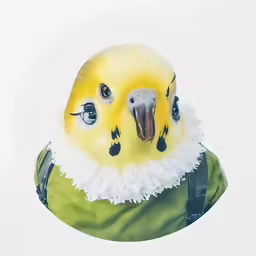 a yellow and white bird wearing an overalls