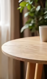 a white cup sitting on top of a wooden table