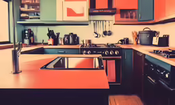 a kitchen with orange, blue and white cabinets