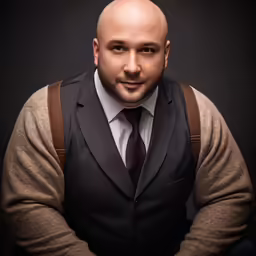 an adult male wearing a dark brown vest and tie with suspenders
