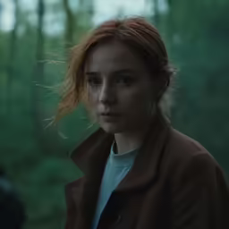 a woman looks away from the camera in the forest