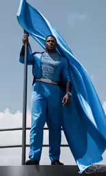 man in blue costume holding onto an object with his hands