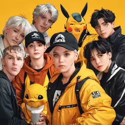 a group of people with pikachu hats