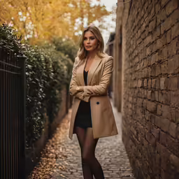 a woman in a tan coat is leaning against a fence and looking to her right