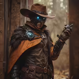 a man wearing a hat, cape and gloves