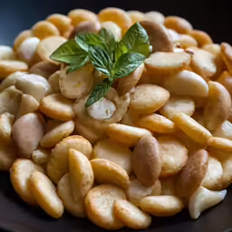 a plate full of crackers and nuts with a leaf