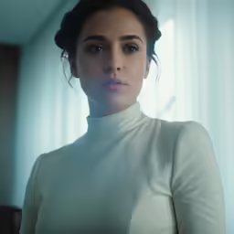 a woman in white dress standing next to a window