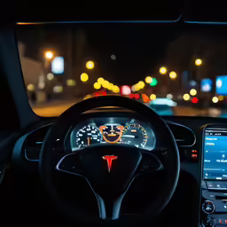 a car dashboard and electronic controls at night time