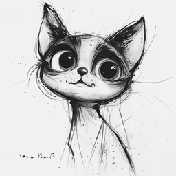 the drawing shows a small kitten with big eyes and hair