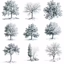 twelve different trees in the snow with a white background