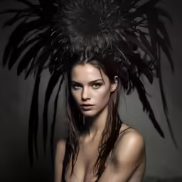 a woman with black feathers on her head is posing for the camera