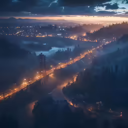 foggy night scene with light traffic moving over mountains