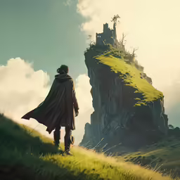 an artist stands at the edge of a cliff and looks into a tall mountain