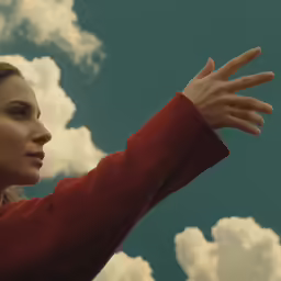 a close up of a person reaching up at clouds