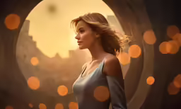 a woman in white shirt posing in front of an orb of light