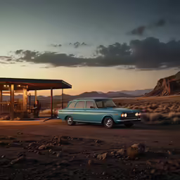 an old fashioned, blue, automobile sits on a gravel road
