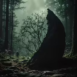 a man walking in the woods with trees around