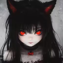 the cat - themed anime girl with red eyes is in red