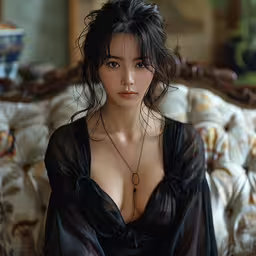 a young lady is sitting on a chair wearing a dress,a woman with big breast sitting on a couch