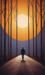 a man walks down the path in front of trees