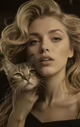 a beautiful blonde woman holding a cat on top of her head