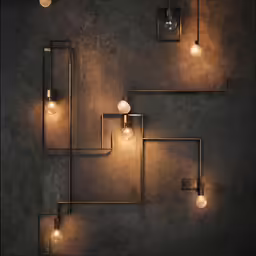 a wall hanging with lights and a metal frame
