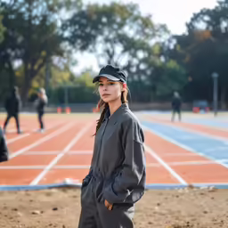 a woman standing in front of a red and blue field