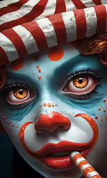 a woman with clown makeup is holding a candy bar