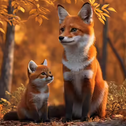 two foxes standing next to each other in the forest