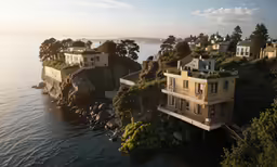 some houses in the water near many trees